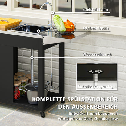Grill Cart Serving Trolley with Work Surface Side Table Shelf Cabinet Sink Wheels, BBQ Stainless Steel Grill Table, Outdoor Grill Side Table for Garden, Patio, Grill 162.5 x 47 x 87cm Black