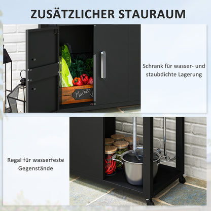 Grill Cart Serving Trolley with Work Surface Side Table Shelf Cabinet Sink Wheels, BBQ Stainless Steel Grill Table, Outdoor Grill Side Table for Garden, Patio, Grill 162.5 x 47 x 87cm Black
