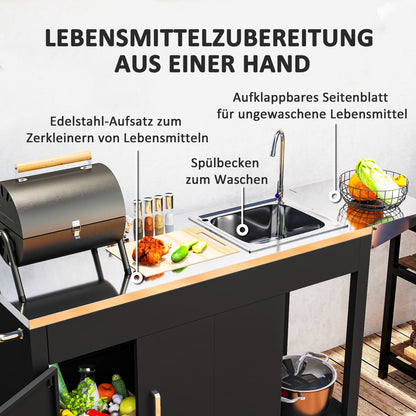 Grill Cart Serving Trolley with Work Surface Side Table Shelf Cabinet Sink Wheels, BBQ Stainless Steel Grill Table, Outdoor Grill Side Table for Garden, Patio, Grill 162.5 x 47 x 87cm Black