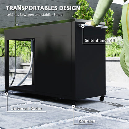 Grill Cart Serving Trolley with Work Surface Side Table Shelf Cabinet Sink Wheels, BBQ Stainless Steel Grill Table, Outdoor Grill Side Table for Garden, Patio, Grill 162.5 x 47 x 87cm Black