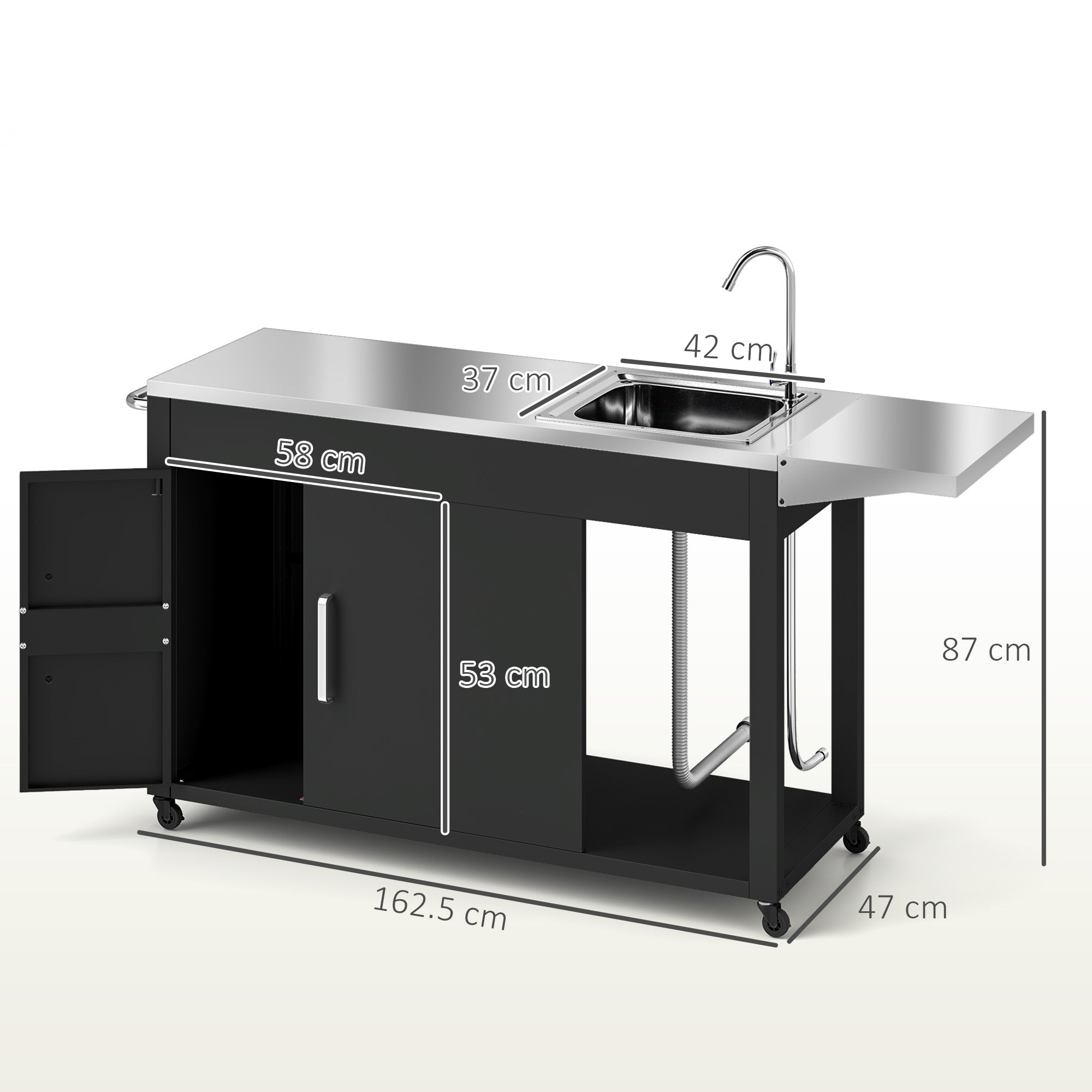 Grill Cart Serving Trolley with Work Surface Side Table Shelf Cabinet Sink Wheels, BBQ Stainless Steel Grill Table, Outdoor Grill Side Table for Garden, Patio, Grill 162.5 x 47 x 87cm Black