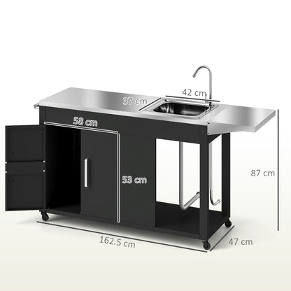 Grill Cart Serving Trolley with Work Surface Side Table Shelf Cabinet Sink Wheels, BBQ Stainless Steel Grill Table, Outdoor Grill Side Table for Garden, Patio, Grill 162.5 x 47 x 87cm Black