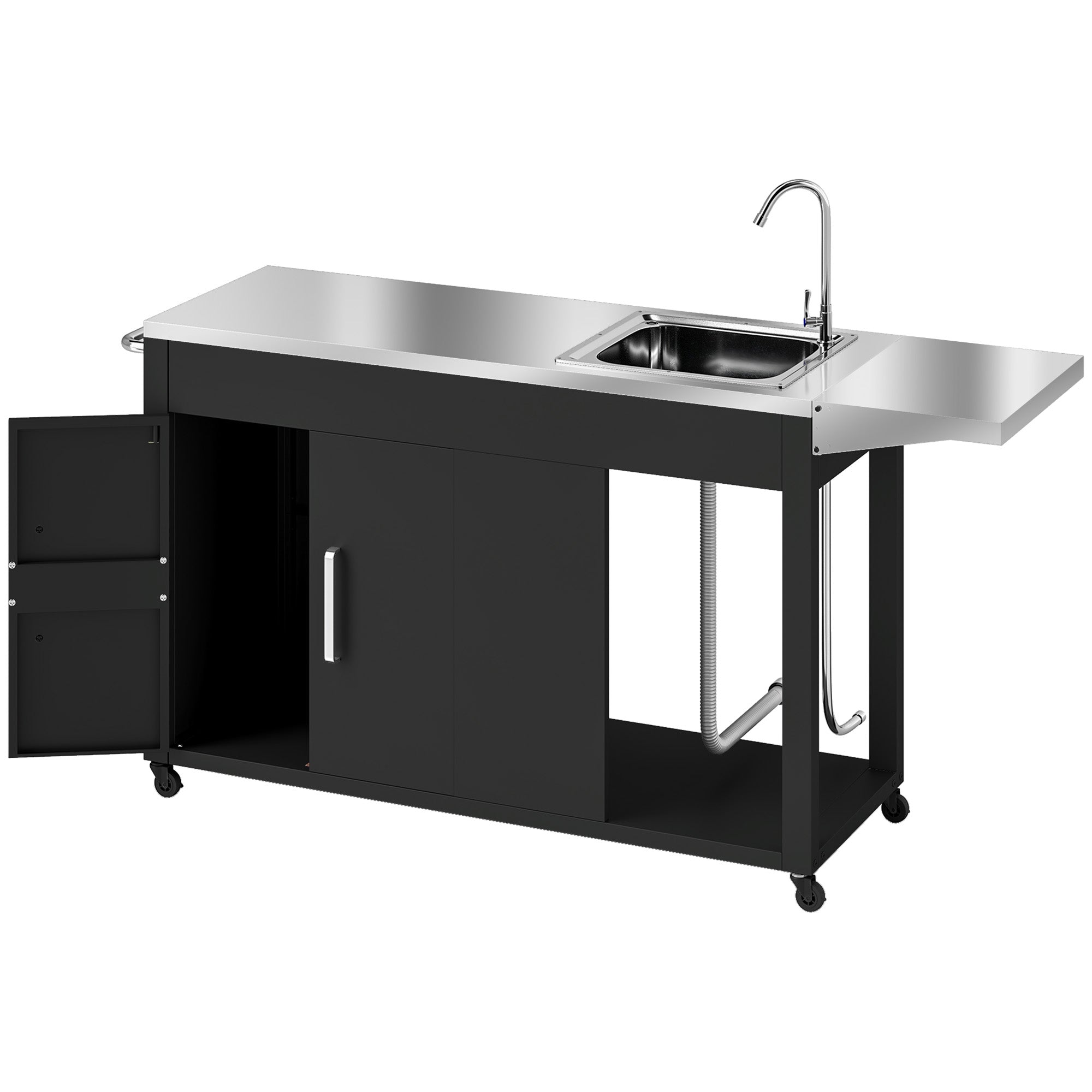 Grill Cart Serving Trolley with Work Surface Side Table Shelf Cabinet Sink Wheels, BBQ Stainless Steel Grill Table, Outdoor Grill Side Table for Garden, Patio, Grill 162.5 x 47 x 87cm Black
