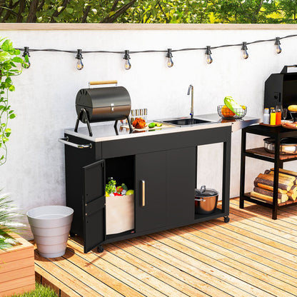 Grill Cart Serving Trolley with Work Surface Side Table Shelf Cabinet Sink Wheels, BBQ Stainless Steel Grill Table, Outdoor Grill Side Table for Garden, Patio, Grill 162.5 x 47 x 87cm Black