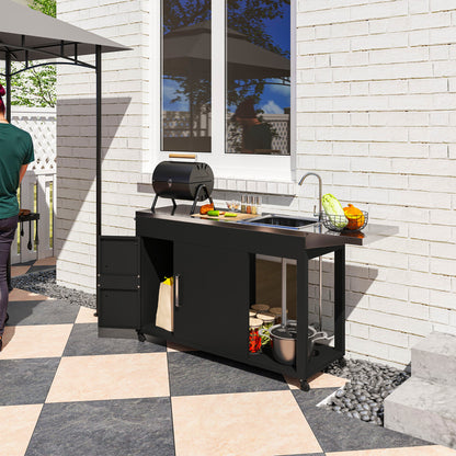 Grill Cart Serving Trolley with Work Surface Side Table Shelf Cabinet Sink Wheels, BBQ Stainless Steel Grill Table, Outdoor Grill Side Table for Garden, Patio, Grill 162.5 x 47 x 87cm Black
