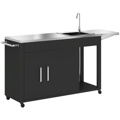 Grill Cart Serving Trolley with Work Surface Side Table Shelf Cabinet Sink Wheels, BBQ Stainless Steel Grill Table, Outdoor Grill Side Table for Garden, Patio, Grill 162.5 x 47 x 87cm Black