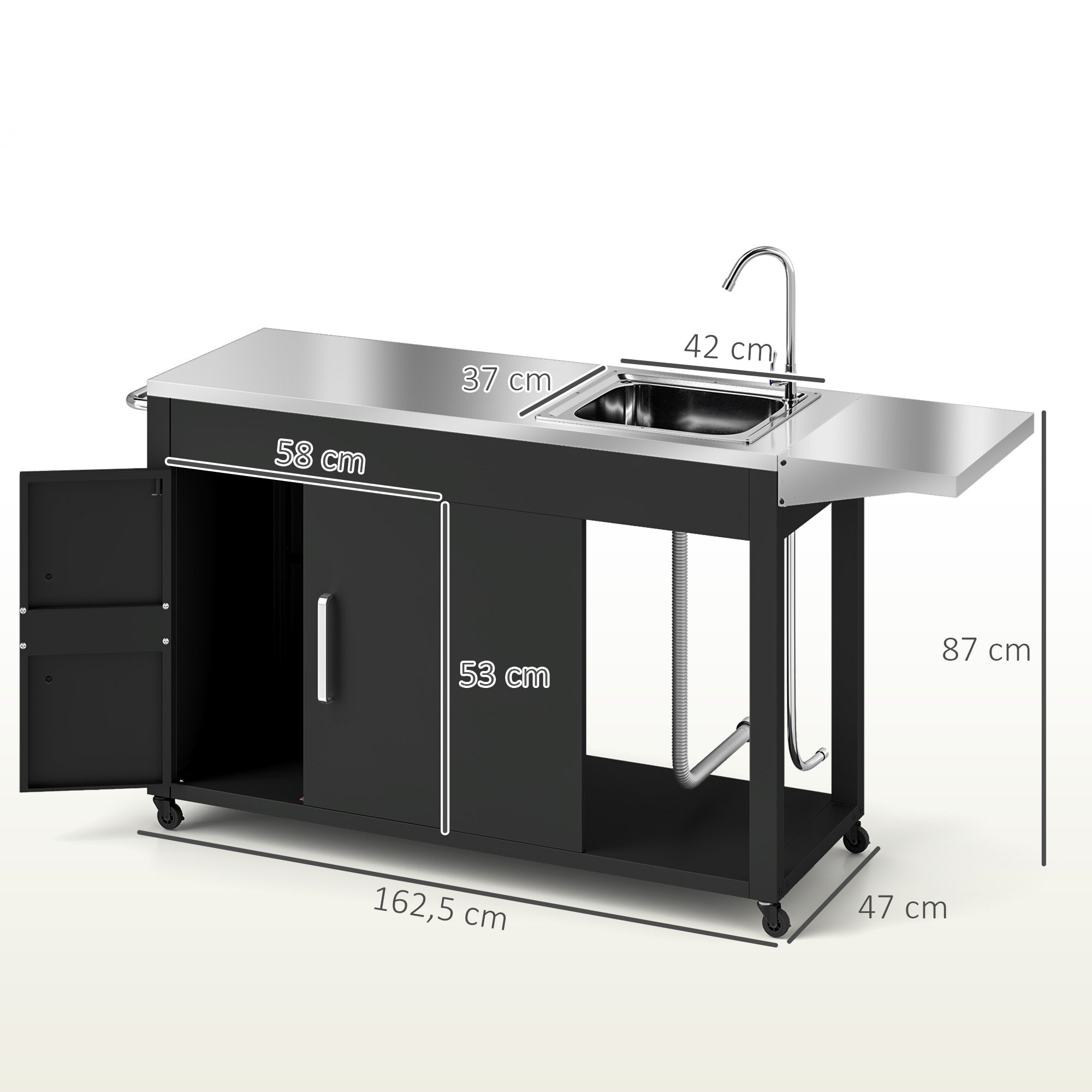 Grill Cart Serving Trolley with Work Surface Side Table Shelf Cabinet Sink Wheels, BBQ Stainless Steel Grill Table, Outdoor Grill Side Table for Garden, Patio, Grill 162.5 x 47 x 87cm Black