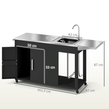 Grill Cart Serving Trolley with Work Surface Side Table Shelf Cabinet Sink Wheels, BBQ Stainless Steel Grill Table, Outdoor Grill Side Table for Garden, Patio, Grill 162.5 x 47 x 87cm Black