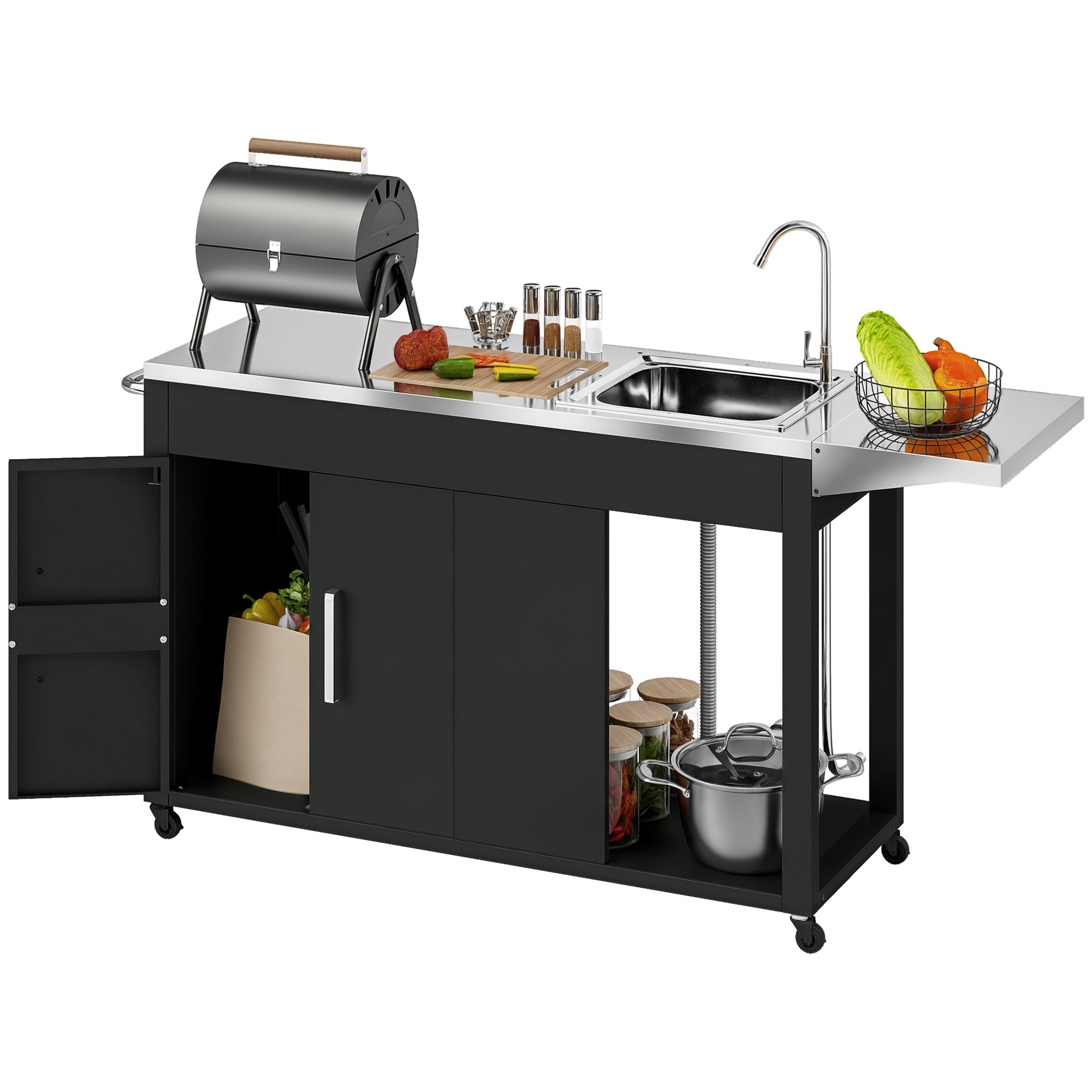 Grill Cart Serving Trolley with Work Surface Side Table Shelf Cabinet Sink Wheels, BBQ Stainless Steel Grill Table, Outdoor Grill Side Table for Garden, Patio, Grill 162.5 x 47 x 87cm Black