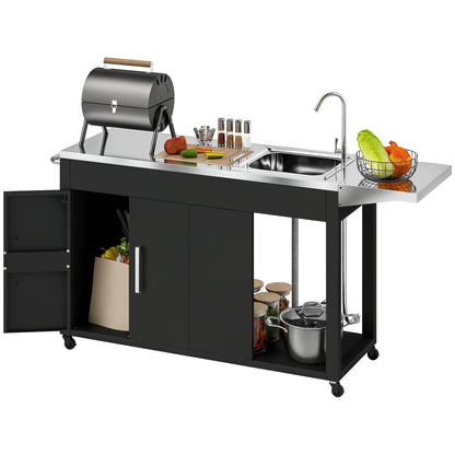 Grill Cart Serving Trolley with Work Surface Side Table Shelf Cabinet Sink Wheels, BBQ Stainless Steel Grill Table, Outdoor Grill Side Table for Garden, Patio, Grill 162.5 x 47 x 87cm Black