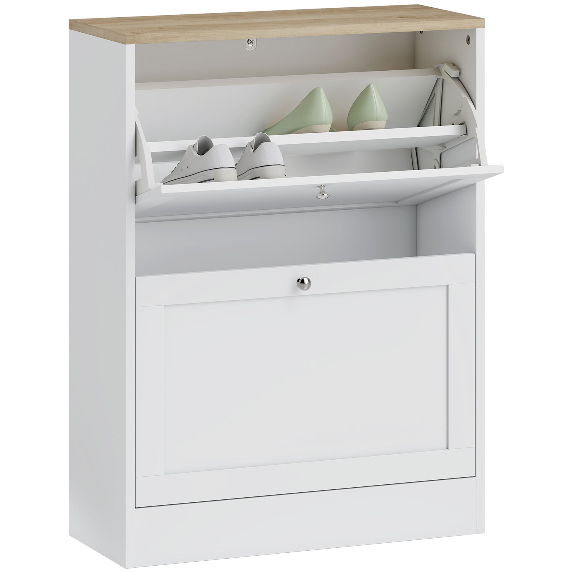 Shoe Cabinet for 12 Pairs, Narrow Shoe Storage Cabinet, Modern Entryway Furniture with 2 Fold-Down Drawers and Adjustable Shelves, for Hallway and Entrance, 60 x 24 x 80 cm, White