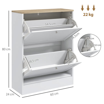 Shoe Cabinet for 12 Pairs, Narrow Shoe Storage Cabinet, Modern Entryway Furniture with 2 Fold-Down Drawers and Adjustable Shelves, for Hallway and Entrance, 60 x 24 x 80 cm, White