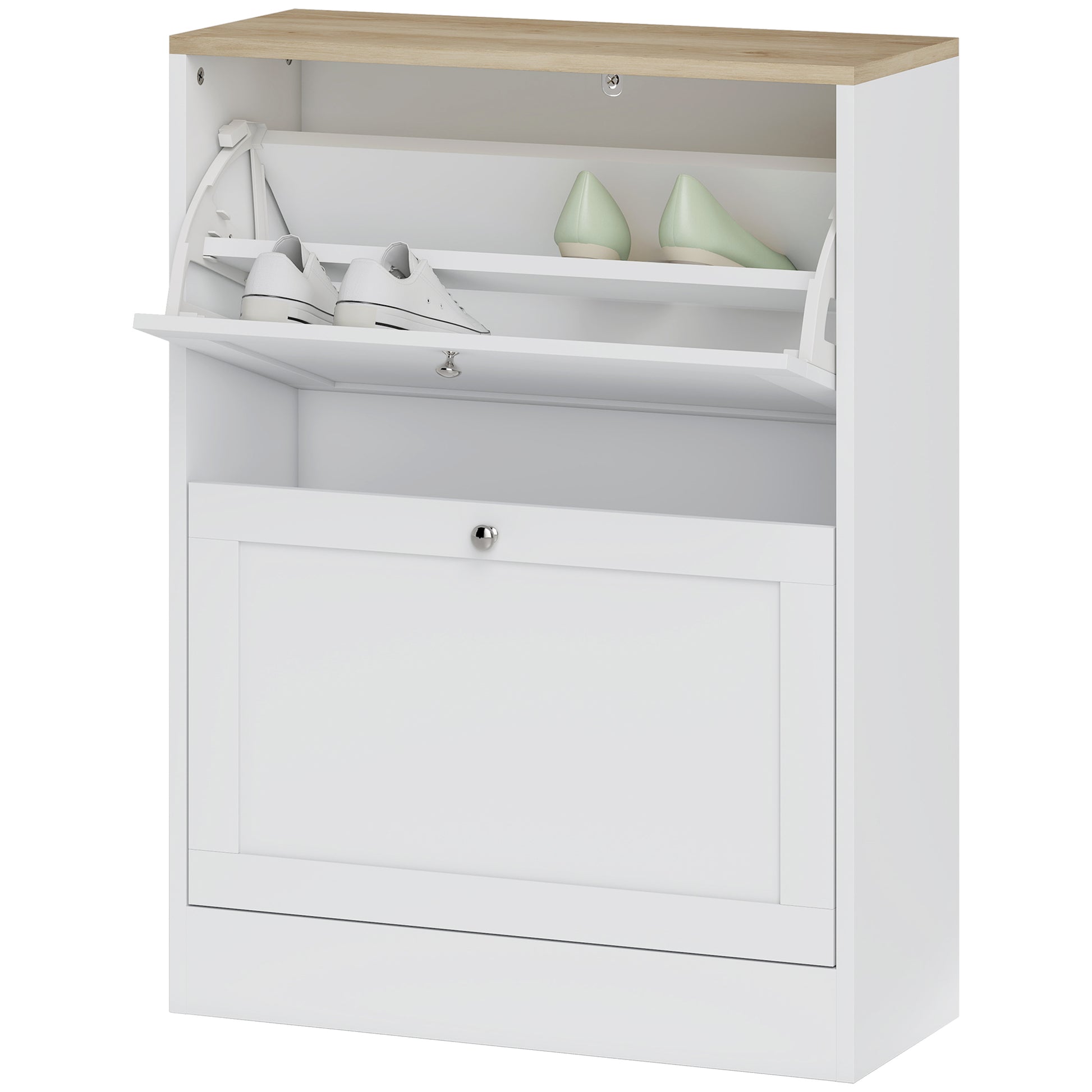 Shoe Cabinet for 12 Pairs, Narrow Shoe Storage Cabinet, Modern Entryway Furniture with 2 Fold-Down Drawers and Adjustable Shelves, for Hallway and Entrance, 60 x 24 x 80 cm, White
