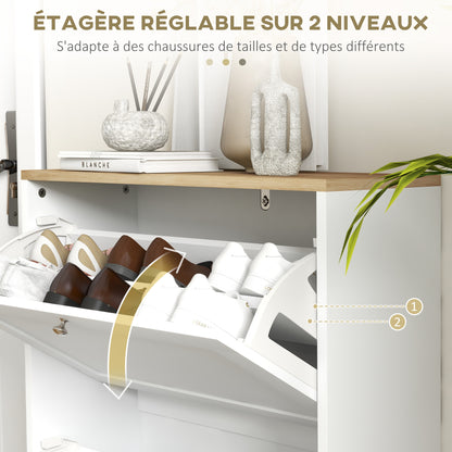 Shoe Cabinet for 12 Pairs, Narrow Shoe Storage Cabinet, Modern Entryway Furniture with 2 Fold-Down Drawers and Adjustable Shelves, for Hallway and Entrance, 60 x 24 x 80 cm, White