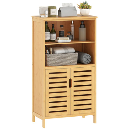 Bathroom Cabinet, Bamboo Under Cabinet, Bathroom Cabinet with Louvered Doors, Side Cabinet, Multipurpose Cabinet with Anti-Tip Device, Country Style, Natural Wood, 50 x 29 x 92 cm