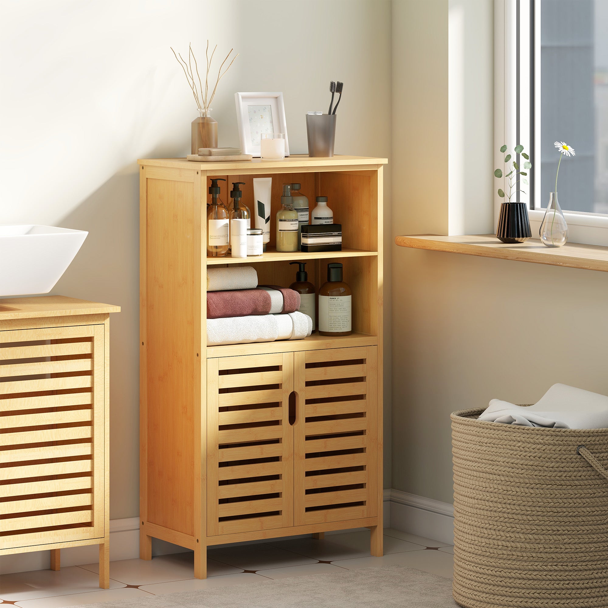 Bathroom Cabinet, Bamboo Under Cabinet, Bathroom Cabinet with Louvered Doors, Side Cabinet, Multipurpose Cabinet with Anti-Tip Device, Country Style, Natural Wood, 50 x 29 x 92 cm
