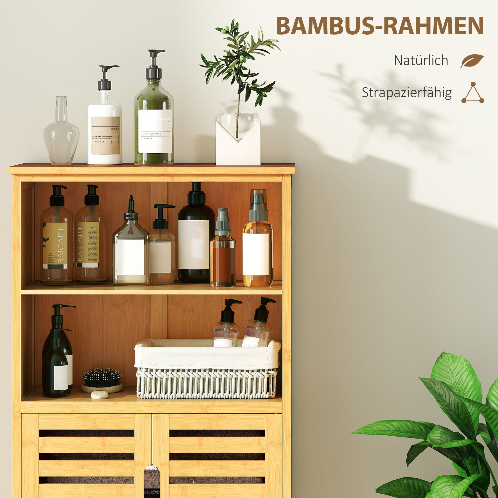 Bathroom Cabinet, Bamboo Under Cabinet, Bathroom Cabinet with Louvered Doors, Side Cabinet, Multipurpose Cabinet with Anti-Tip Device, Country Style, Natural Wood, 50 x 29 x 92 cm