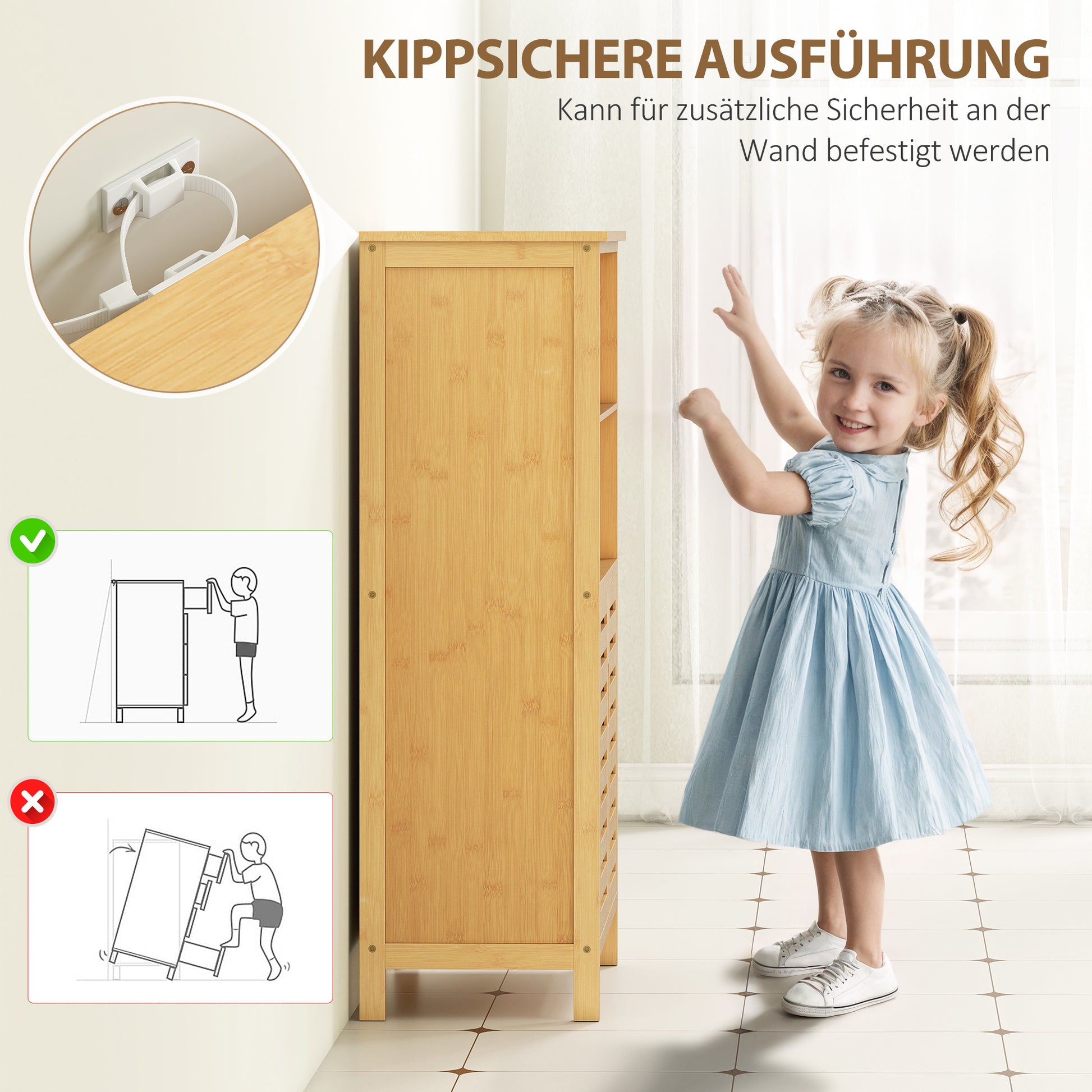Bathroom Cabinet, Bamboo Under Cabinet, Bathroom Cabinet with Louvered Doors, Side Cabinet, Multipurpose Cabinet with Anti-Tip Device, Country Style, Natural Wood, 50 x 29 x 92 cm