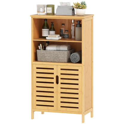 Bathroom Cabinet, Bamboo Under Cabinet, Bathroom Cabinet with Louvered Doors, Side Cabinet, Multipurpose Cabinet with Anti-Tip Device, Country Style, Natural Wood, 50 x 29 x 92 cm