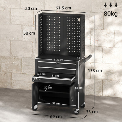 3-Drawer Steel Workshop Cart with Lockable Wheels, Adjustable Shelf & Pegboard - Black
