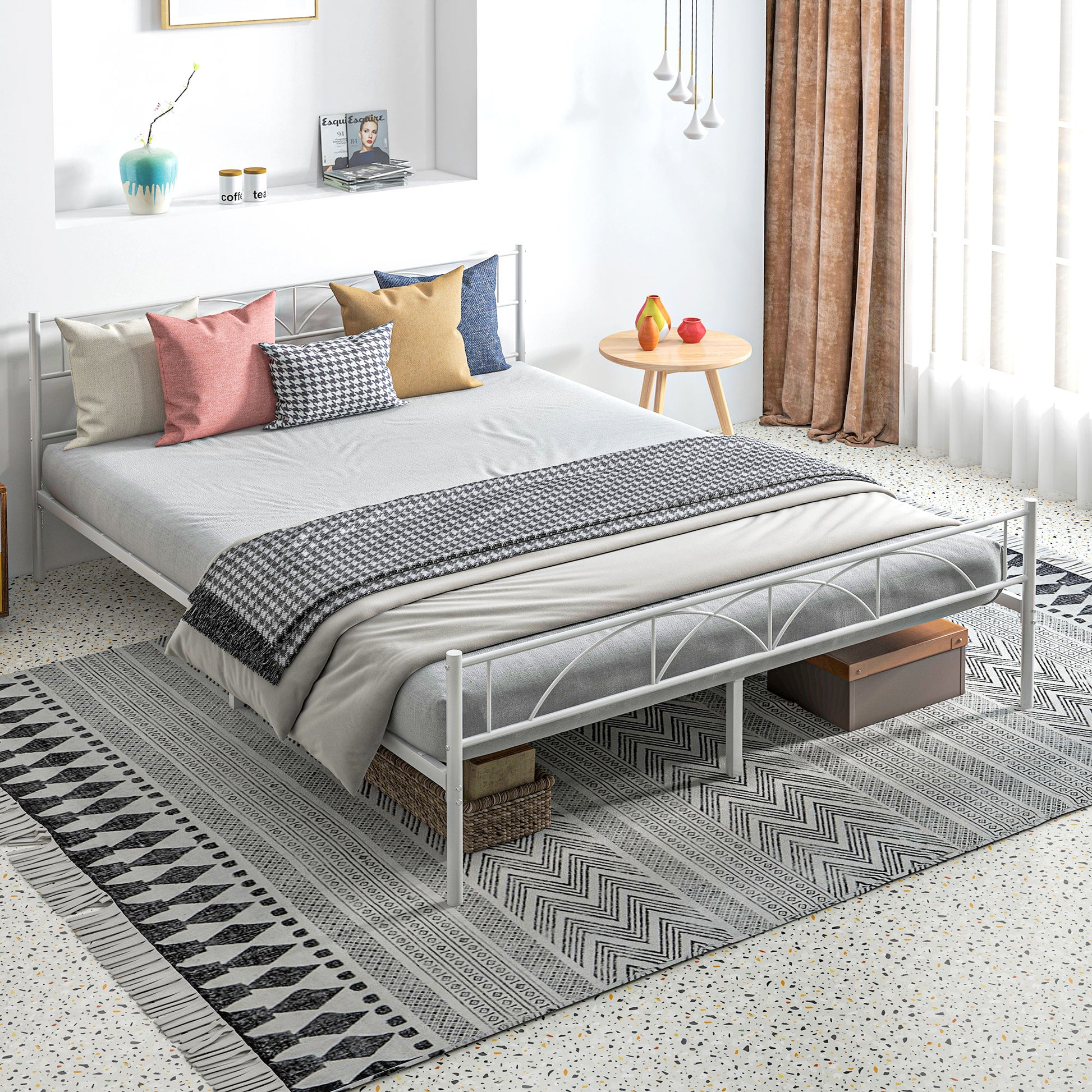 Double Bed 150x200 cm Bed Frame with Headboard Steel Slats and Storage Space Underneath Load 330 kg White