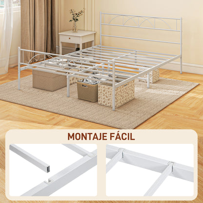Double Bed 150x200 cm Bed Frame with Headboard Steel Slats and Storage Space Underneath Load 330 kg White