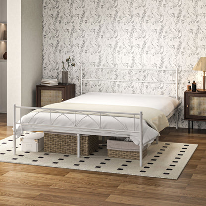 Double Bed 150x200 cm Bed Frame with Headboard Steel Slats and Storage Space Underneath Load 330 kg White