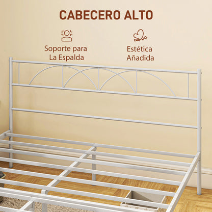 Double Bed 150x200 cm Bed Frame with Headboard Steel Slats and Storage Space Underneath Load 330 kg White