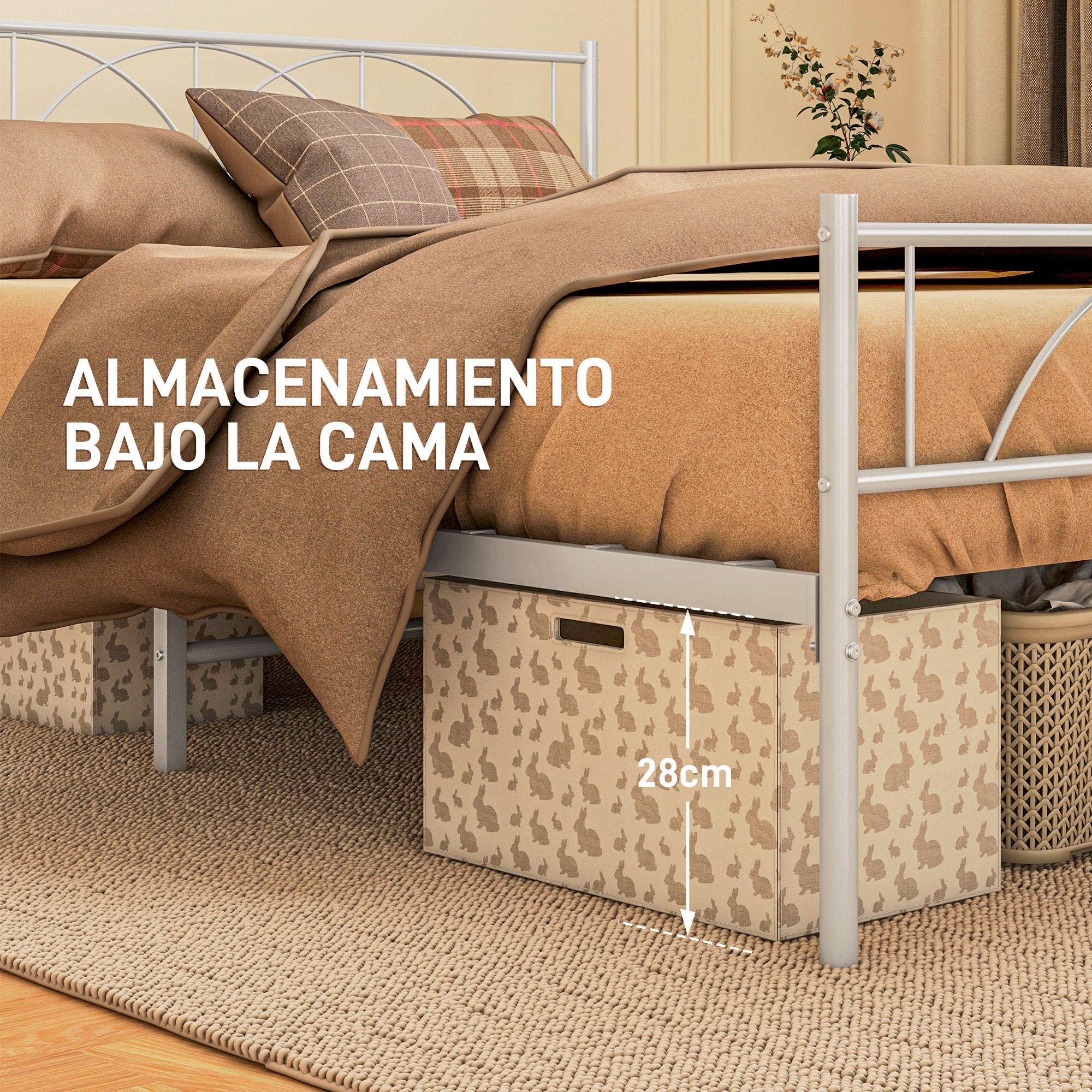 Double Bed 150x200 cm Bed Frame with Headboard Steel Slats and Storage Space Underneath Load 330 kg White