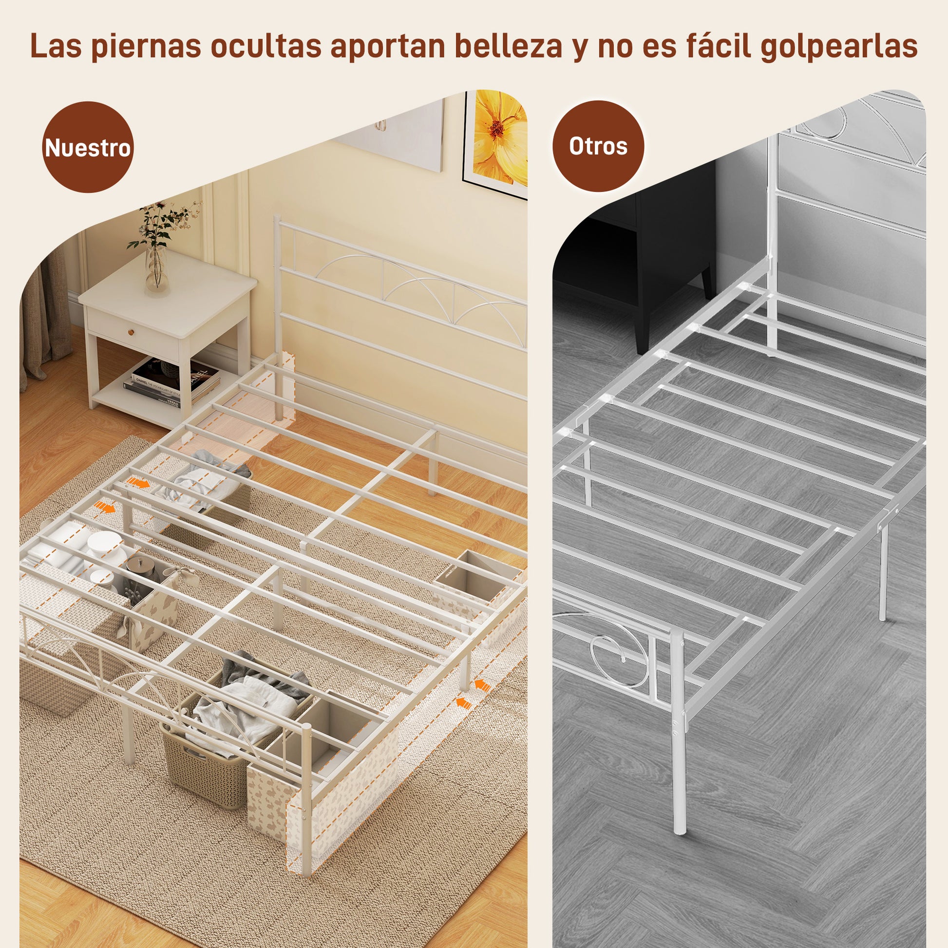 Double Bed 150x200 cm Bed Frame with Headboard Steel Slats and Storage Space Underneath Load 330 kg White