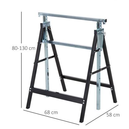 2 x Trestle Sawhorse Folding Trestle Adjustable up to 200kg Steel Black 68 x 58 x 80-130 cm
