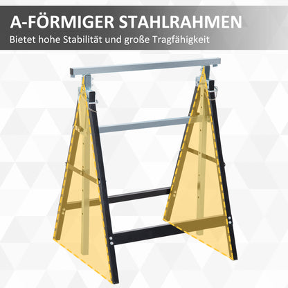 2 x Trestle Sawhorse Folding Trestle Adjustable up to 200kg Steel Black 68 x 58 x 80-130 cm