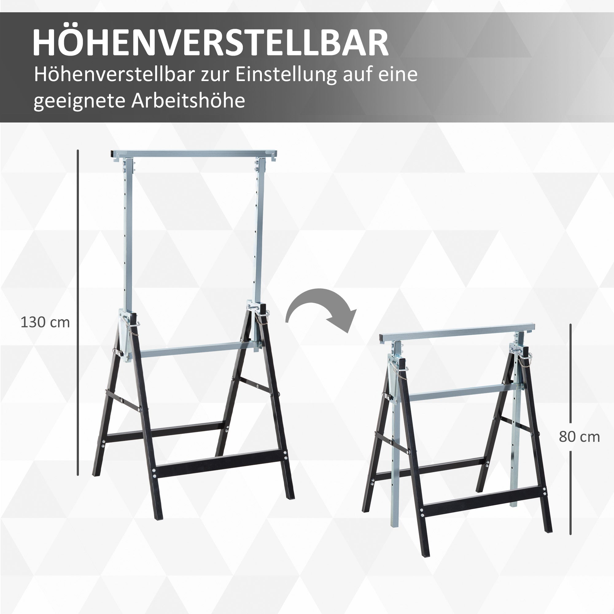 2 x Trestle Sawhorse Folding Trestle Adjustable up to 200kg Steel Black 68 x 58 x 80-130 cm