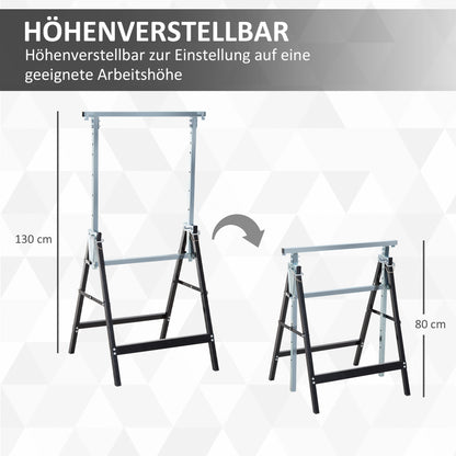 2 x Trestle Sawhorse Folding Trestle Adjustable up to 200kg Steel Black 68 x 58 x 80-130 cm
