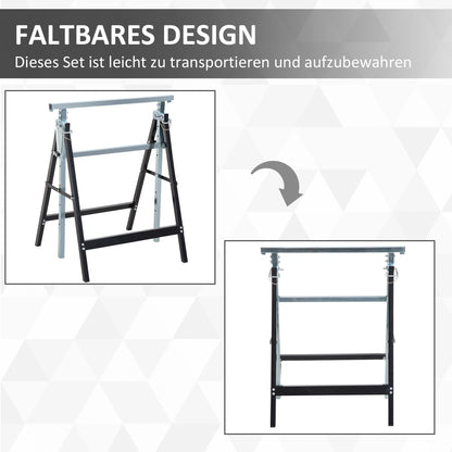 2 x Trestle Sawhorse Folding Trestle Adjustable up to 200kg Steel Black 68 x 58 x 80-130 cm