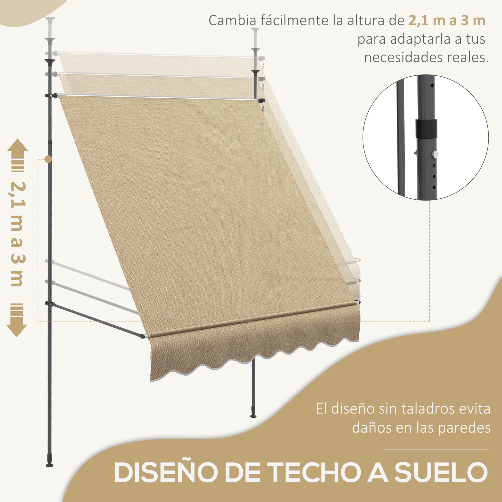 Retractable Manual Awning 2x1.2 m Outdoor Terrace Roll-Up Awning Adjustable Height with Crank 210-300 cm No Drilling UV30+ Protection for Balcony Garden Beige