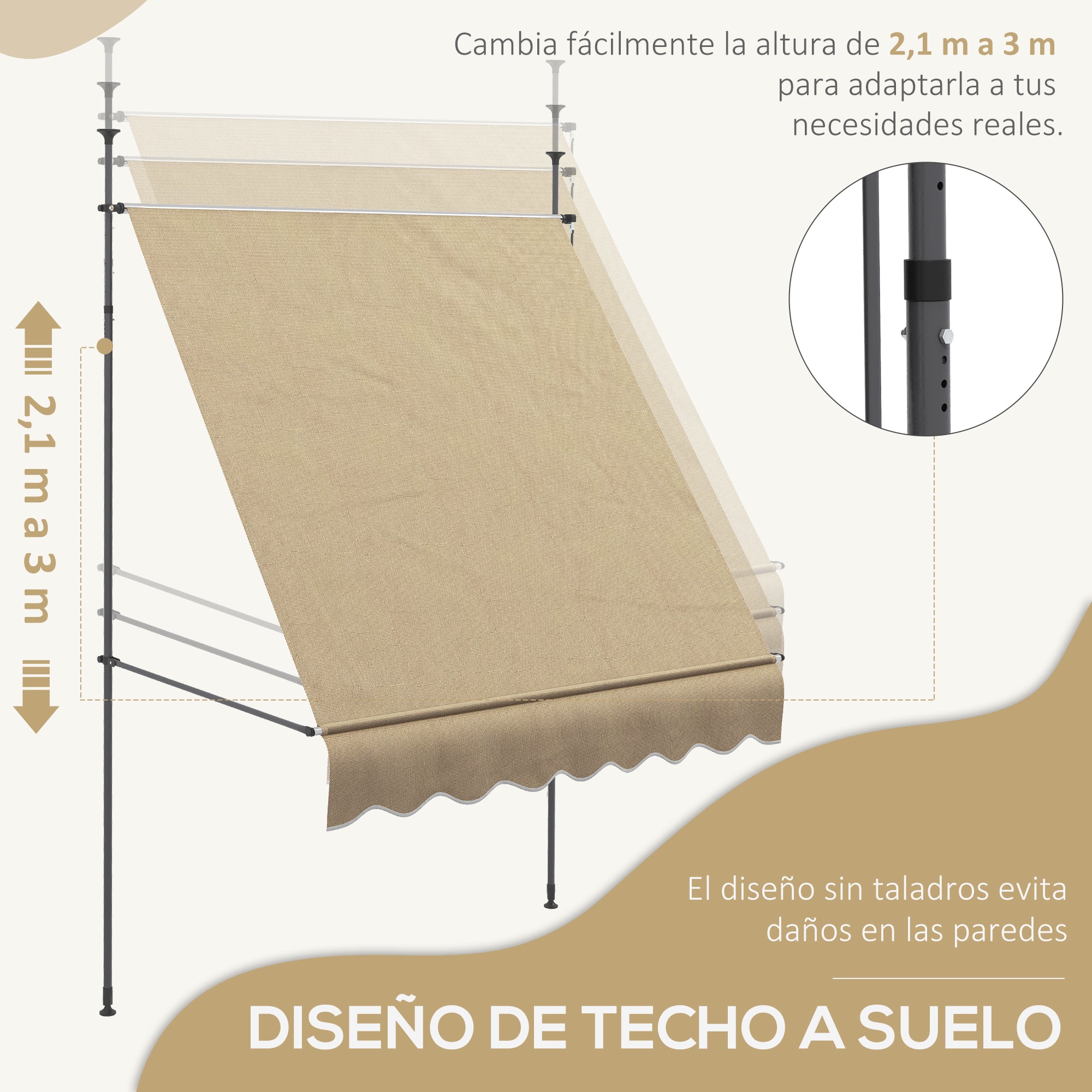 Retractable Manual Awning 2x1.2 m Outdoor Terrace Roll-Up Awning Adjustable Height with Crank 210-300 cm No Drilling UV30+ Protection for Balcony Garden Beige