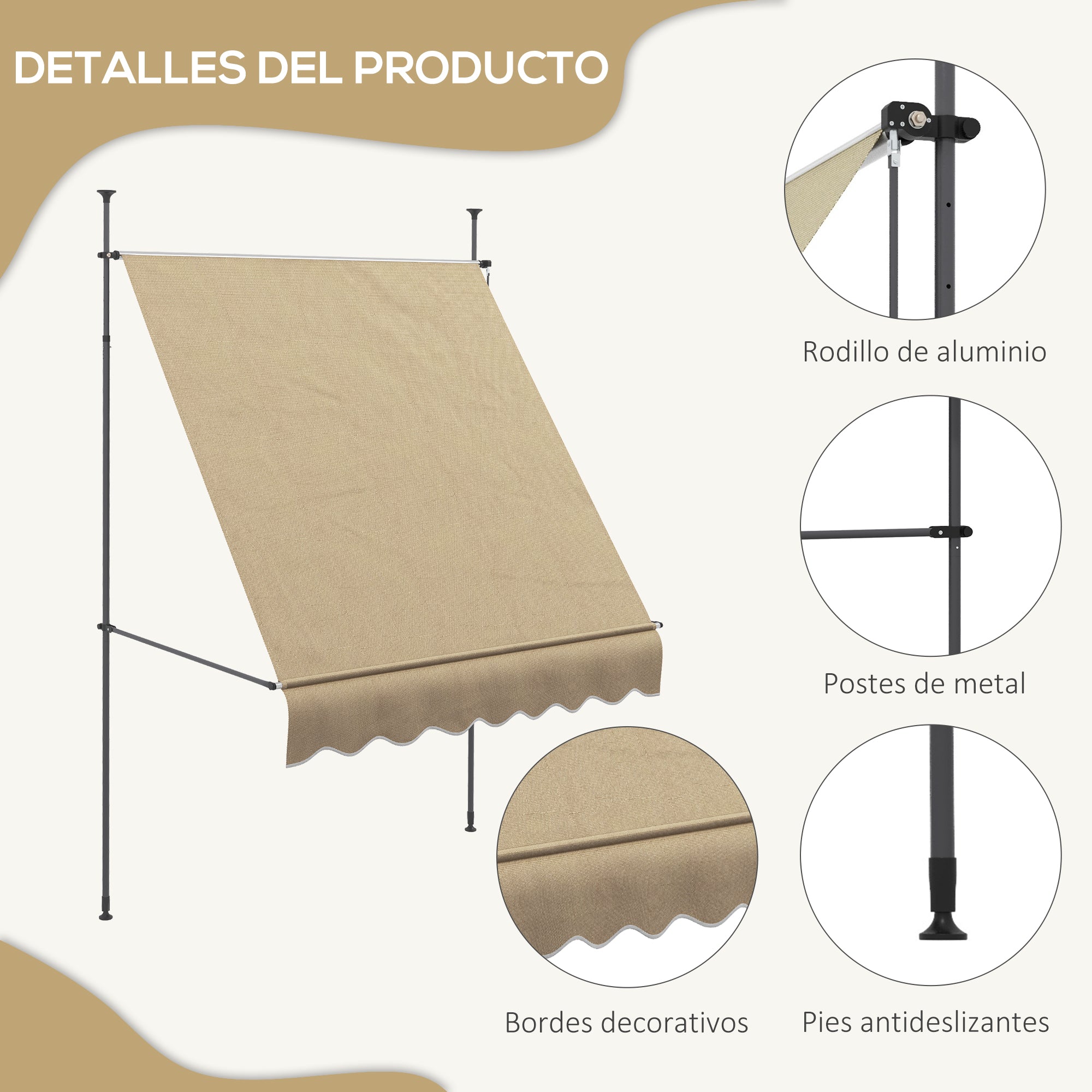 Retractable Manual Awning 2x1.2 m Outdoor Terrace Roll-Up Awning Adjustable Height with Crank 210-300 cm No Drilling UV30+ Protection for Balcony Garden Beige