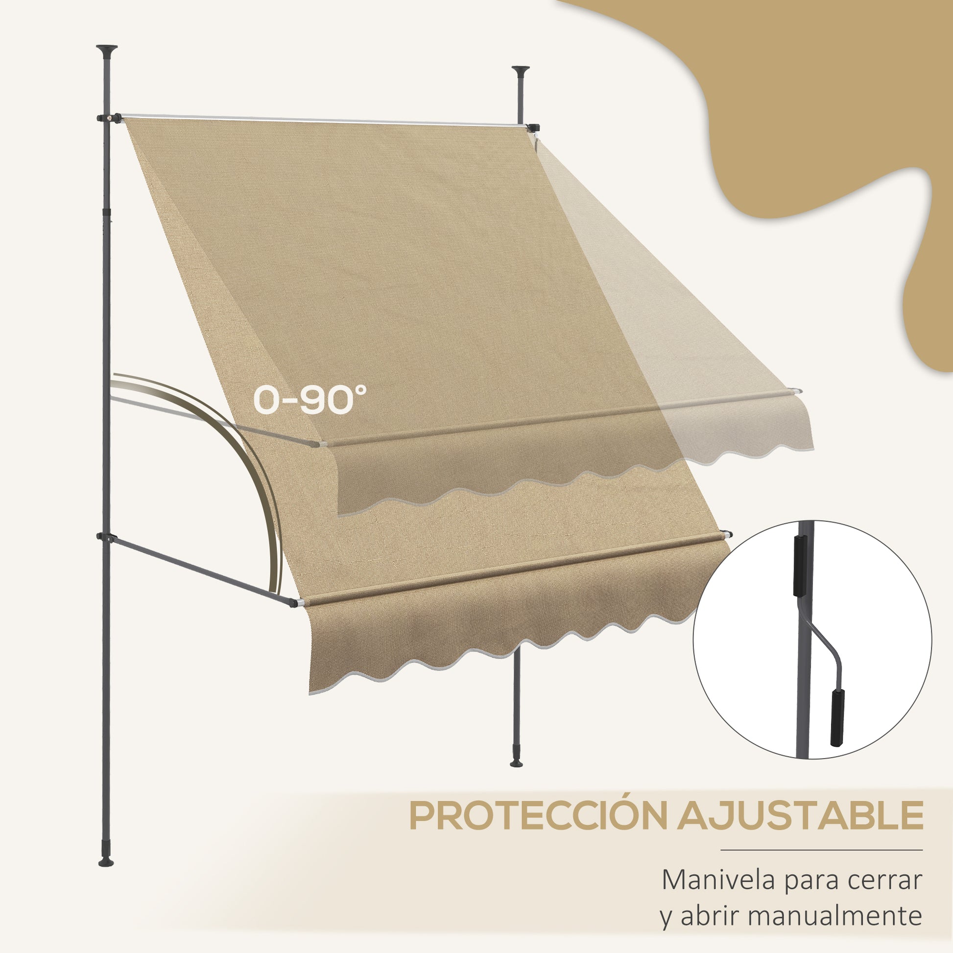 Retractable Manual Awning 2x1.2 m Outdoor Terrace Roll-Up Awning Adjustable Height with Crank 210-300 cm No Drilling UV30+ Protection for Balcony Garden Beige