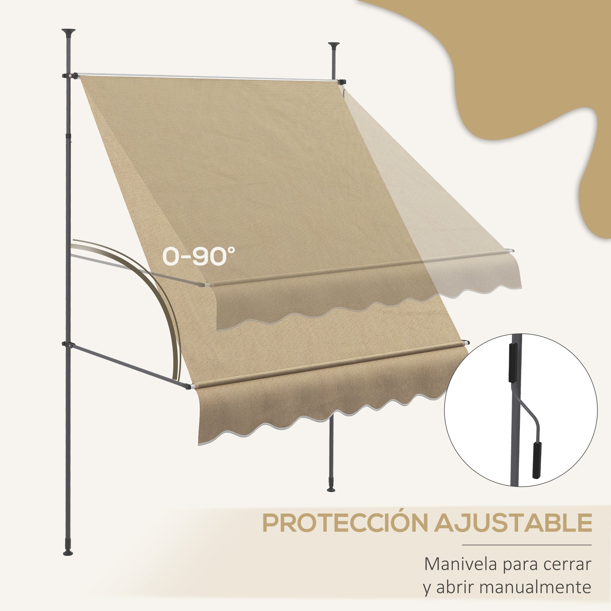 Retractable Manual Awning 2x1.2 m Outdoor Terrace Roll-Up Awning Adjustable Height with Crank 210-300 cm No Drilling UV30+ Protection for Balcony Garden Beige