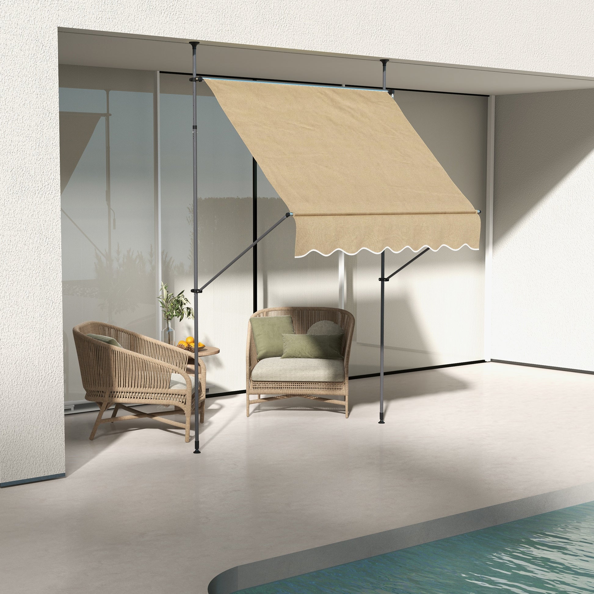 Retractable Manual Awning 2x1.2 m Outdoor Terrace Roll-Up Awning Adjustable Height with Crank 210-300 cm No Drilling UV30+ Protection for Balcony Garden Beige