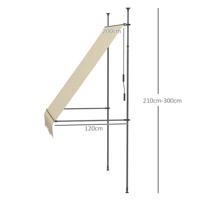Retractable Manual Awning 2x1.2 m Outdoor Terrace Roll-Up Awning Adjustable Height with Crank 210-300 cm No Drilling UV30+ Protection for Balcony Garden Beige