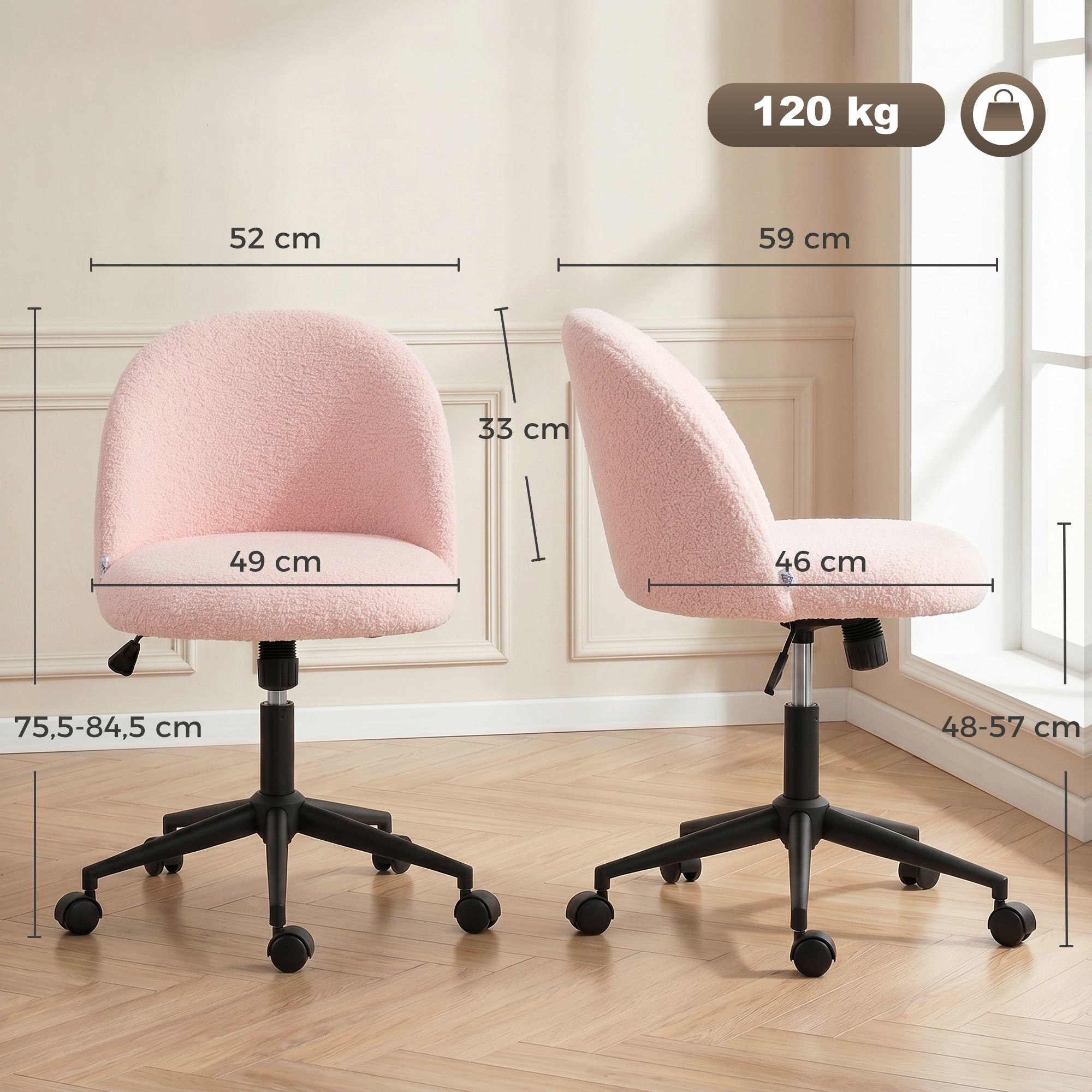 Height-Adjustable Teddy Fleece Office Chair with Swivel Casters & Tilt, Up to 265 lb — Pink Vanity/Desk Chair