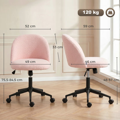 Height-Adjustable Teddy Fleece Office Chair with Swivel Casters & Tilt, Up to 265 lb — Pink Vanity/Desk Chair