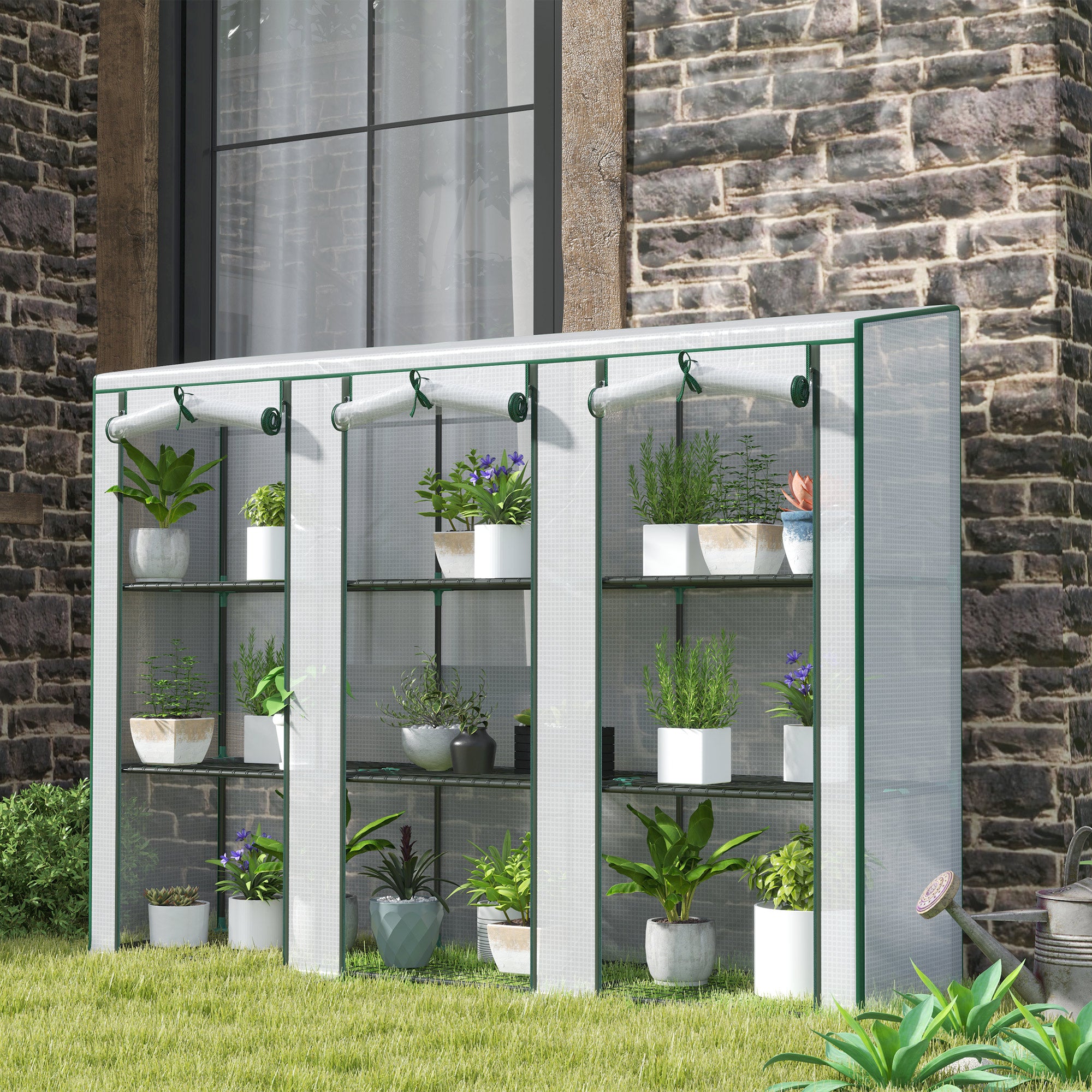3-Tier PVC Garden Greenhouse with Steel Frame, 2 Roll-Up Zip Doors — 215 x 46 x 151 cm (84.6" x 18.1" x 59.4"), White