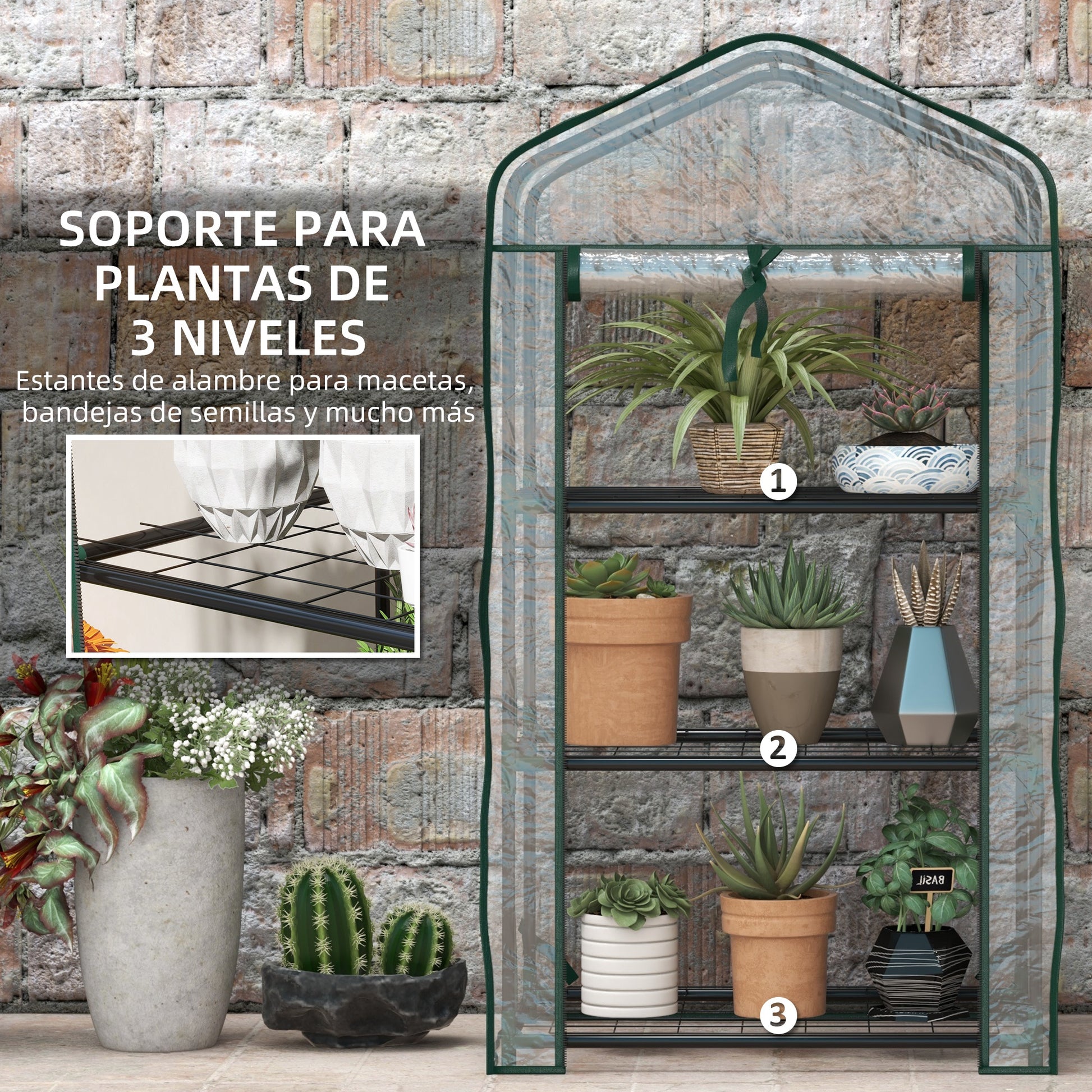 3-Tier Garden Greenhouse Terrace Greenhouse with 3 Shelves 1 Zippered Door for Plant Flower Vegetable Cultivation 59x39x127 cm Transparent