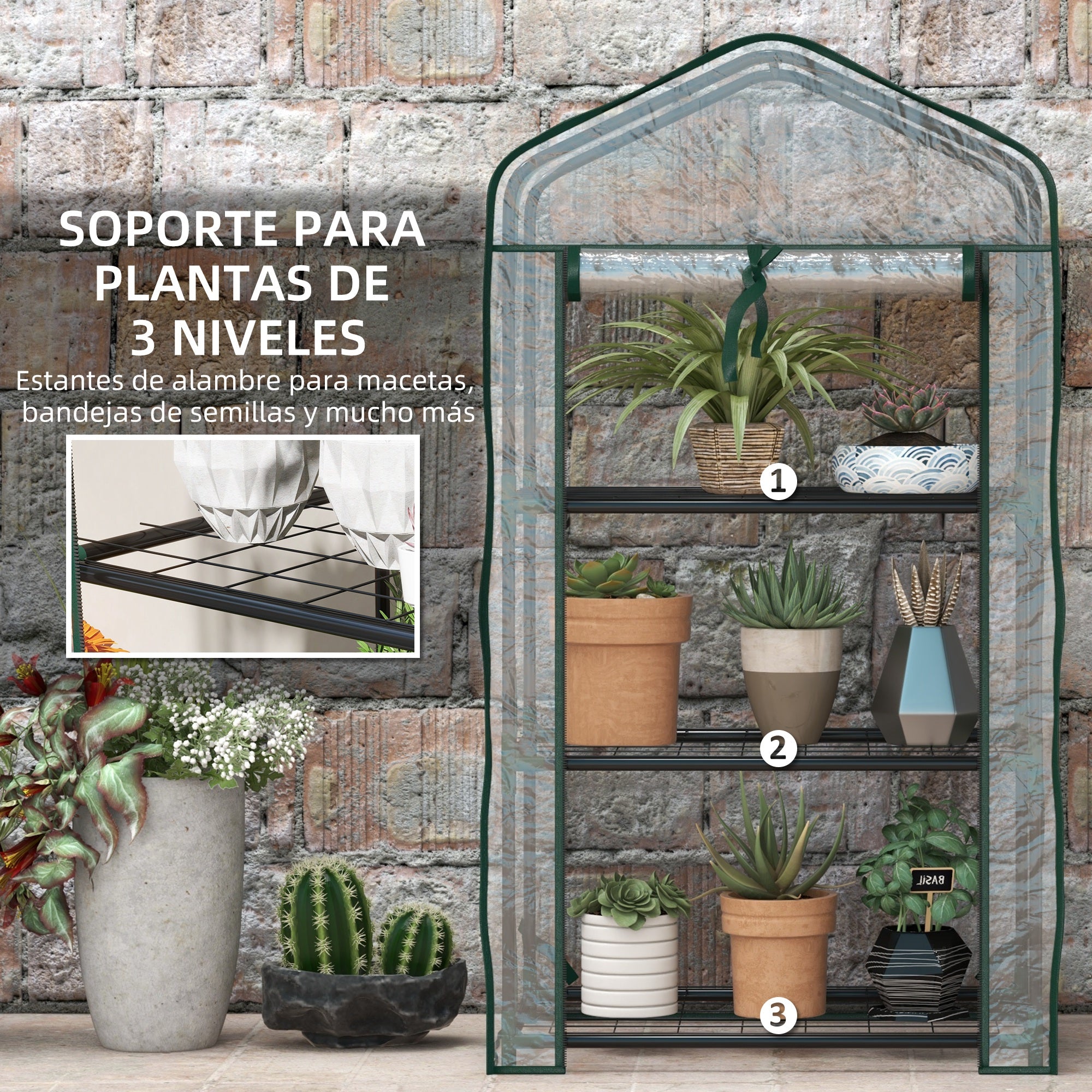 3-Tier Garden Greenhouse Terrace Greenhouse with 3 Shelves 1 Zippered Door for Plant Flower Vegetable Cultivation 59x39x127 cm Transparent