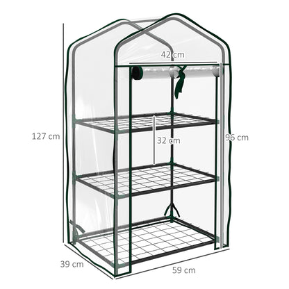 3-Tier Garden Greenhouse Terrace Greenhouse with 3 Shelves 1 Zippered Door for Plant Flower Vegetable Cultivation 59x39x127 cm Transparent