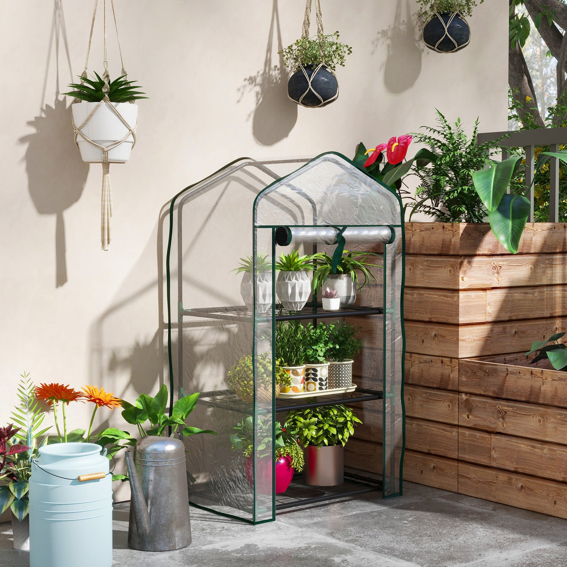 3-Tier Garden Greenhouse Terrace Greenhouse with 3 Shelves 1 Zippered Door for Plant Flower Vegetable Cultivation 59x39x127 cm Transparent