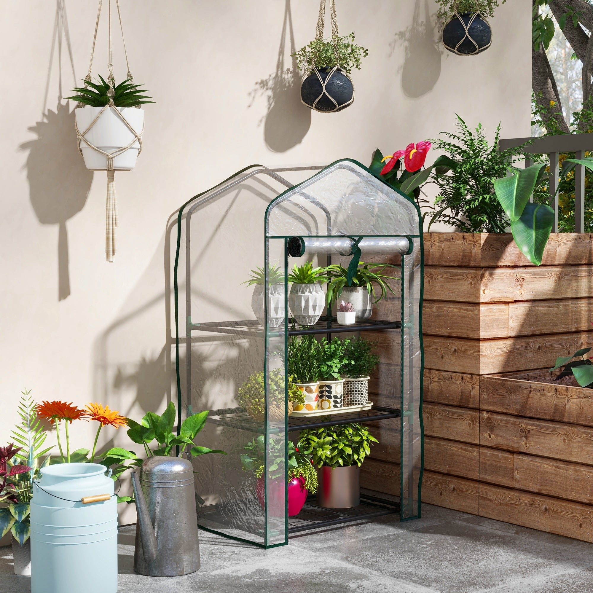 3-Tier Garden Greenhouse Terrace Greenhouse with 3 Shelves 1 Zippered Door for Plant Flower Vegetable Cultivation 59x39x127 cm Transparent